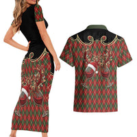Western Yoke Couples Matching Short Sleeve Bodycon Dress and Hawaiian Shirt Wine Deer Christmas Argyle Patterns - Wonder Print Shop