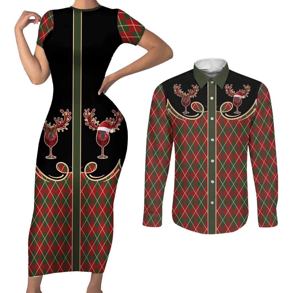 Western Yoke Couples Matching Short Sleeve Bodycon Dress and Long Sleeve Button Shirt Wine Deer Christmas Argyle Patterns - Wonder Print Shop