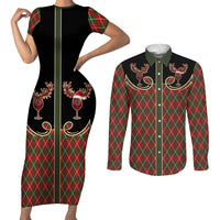 Western Yoke Couples Matching Short Sleeve Bodycon Dress and Long Sleeve Button Shirt Wine Deer Christmas Argyle Patterns - Wonder Print Shop