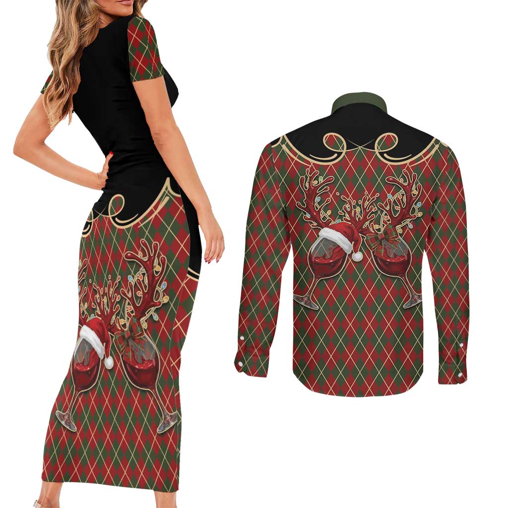 Western Yoke Couples Matching Short Sleeve Bodycon Dress and Long Sleeve Button Shirt Wine Deer Christmas Argyle Patterns - Wonder Print Shop