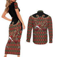 Western Yoke Couples Matching Short Sleeve Bodycon Dress and Long Sleeve Button Shirt Wine Deer Christmas Argyle Patterns - Wonder Print Shop