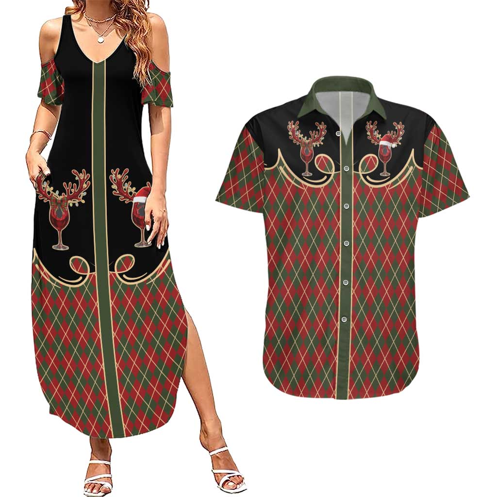 Western Yoke Couples Matching Summer Maxi Dress and Hawaiian Shirt Wine Deer Christmas Argyle Patterns - Wonder Print Shop