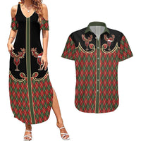 Western Yoke Couples Matching Summer Maxi Dress and Hawaiian Shirt Wine Deer Christmas Argyle Patterns - Wonder Print Shop