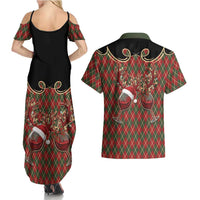 Western Yoke Couples Matching Summer Maxi Dress and Hawaiian Shirt Wine Deer Christmas Argyle Patterns - Wonder Print Shop