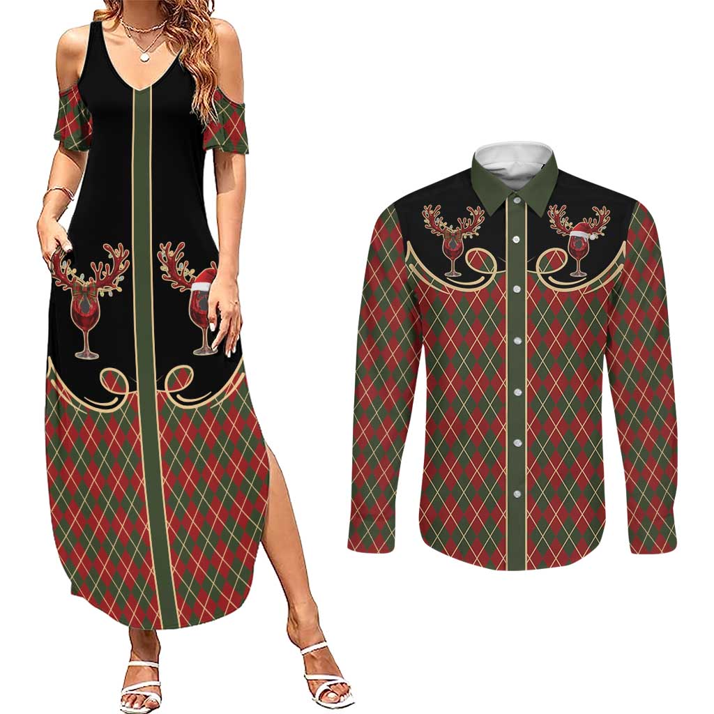 Western Yoke Couples Matching Summer Maxi Dress and Long Sleeve Button Shirt Wine Deer Christmas Argyle Patterns - Wonder Print Shop