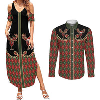 Western Yoke Couples Matching Summer Maxi Dress and Long Sleeve Button Shirt Wine Deer Christmas Argyle Patterns - Wonder Print Shop