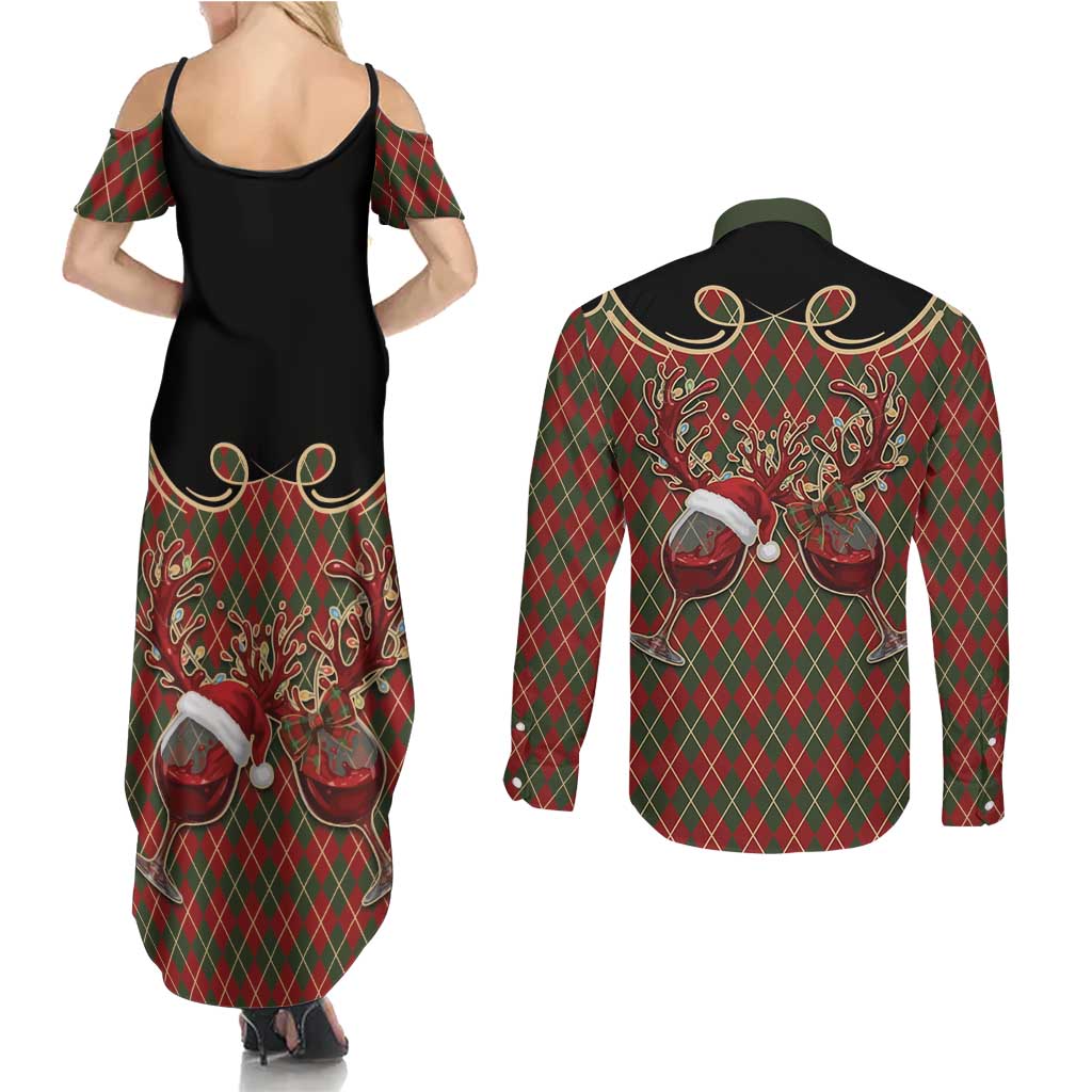 Western Yoke Couples Matching Summer Maxi Dress and Long Sleeve Button Shirt Wine Deer Christmas Argyle Patterns - Wonder Print Shop