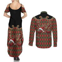 Western Yoke Couples Matching Summer Maxi Dress and Long Sleeve Button Shirt Wine Deer Christmas Argyle Patterns - Wonder Print Shop