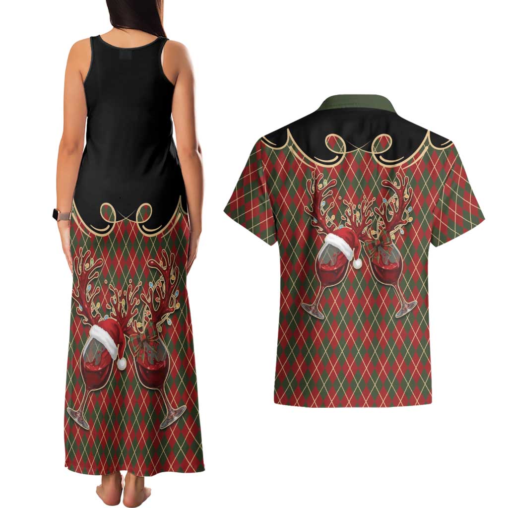 Western Yoke Couples Matching Tank Maxi Dress and Hawaiian Shirt Wine Deer Christmas Argyle Patterns - Wonder Print Shop