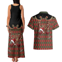 Western Yoke Couples Matching Tank Maxi Dress and Hawaiian Shirt Wine Deer Christmas Argyle Patterns - Wonder Print Shop