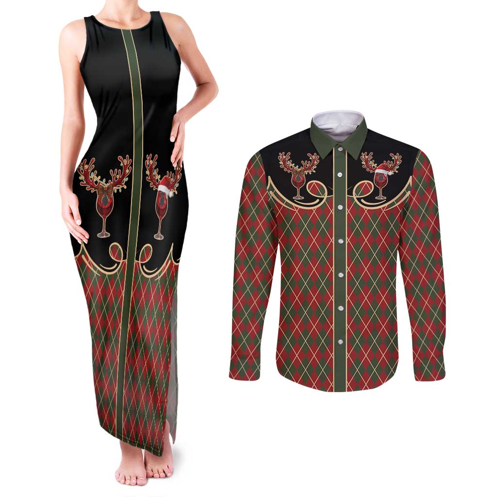 Western Yoke Couples Matching Tank Maxi Dress and Long Sleeve Button Shirt Wine Deer Christmas Argyle Patterns - Wonder Print Shop