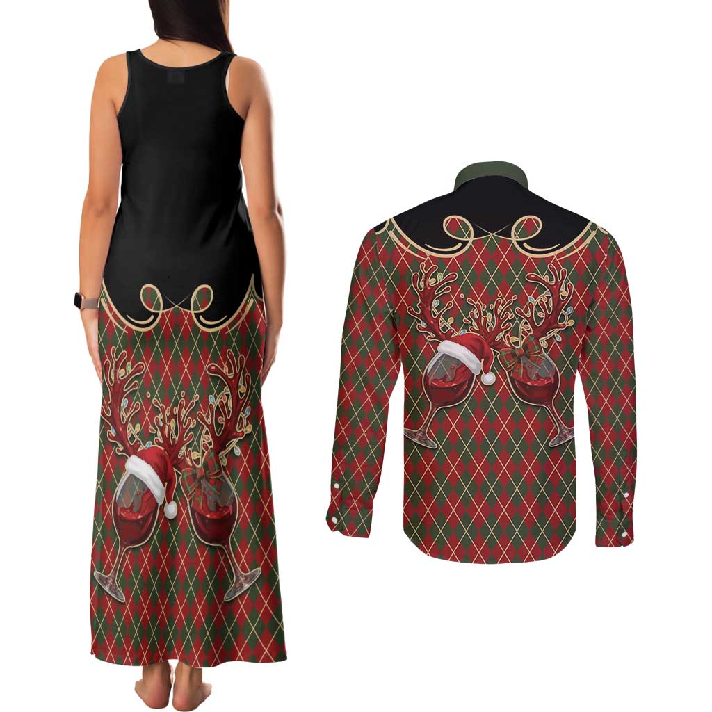 Western Yoke Couples Matching Tank Maxi Dress and Long Sleeve Button Shirt Wine Deer Christmas Argyle Patterns - Wonder Print Shop
