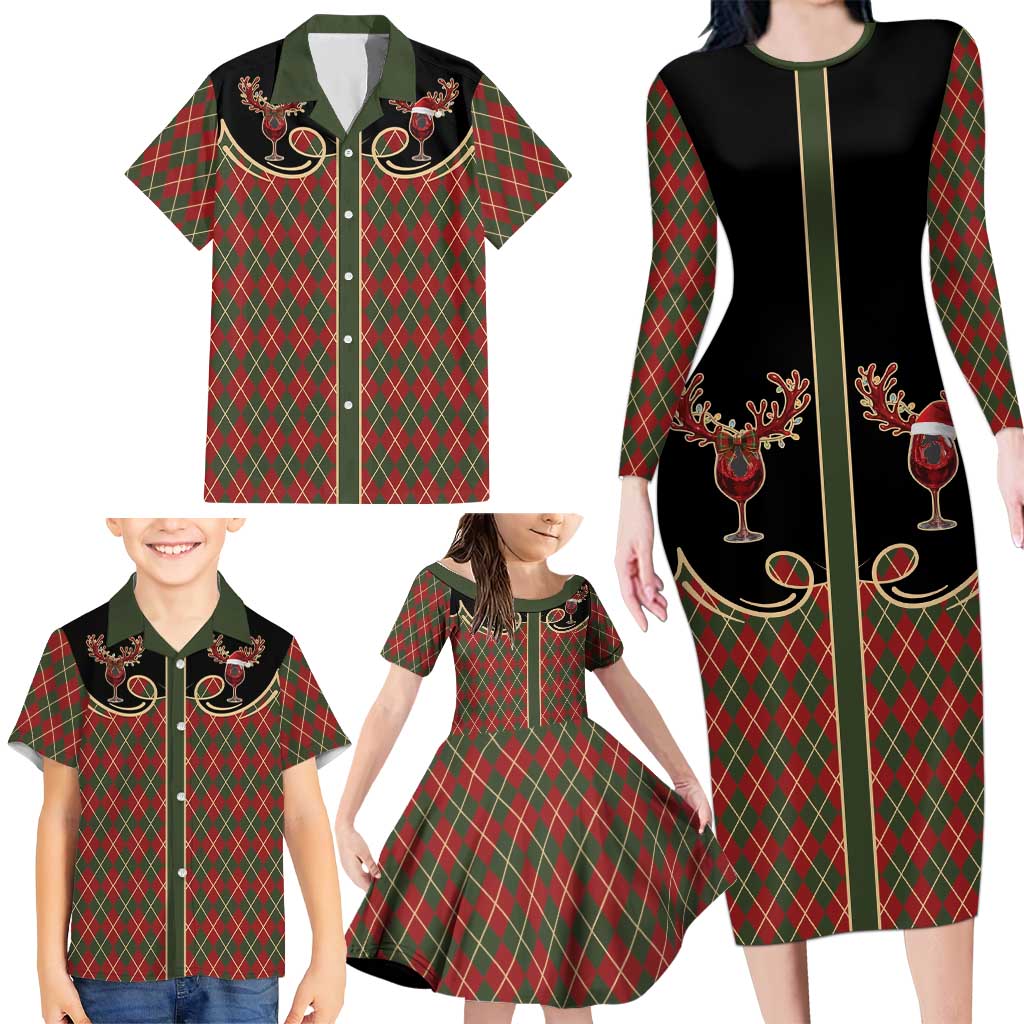 Western Yoke Family Matching Long Sleeve Bodycon Dress and Hawaiian Shirt Wine Deer Christmas Argyle Patterns - Wonder Print Shop