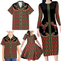 Western Yoke Family Matching Long Sleeve Bodycon Dress and Hawaiian Shirt Wine Deer Christmas Argyle Patterns - Wonder Print Shop