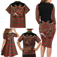 Western Yoke Family Matching Long Sleeve Bodycon Dress and Hawaiian Shirt Wine Deer Christmas Argyle Patterns - Wonder Print Shop