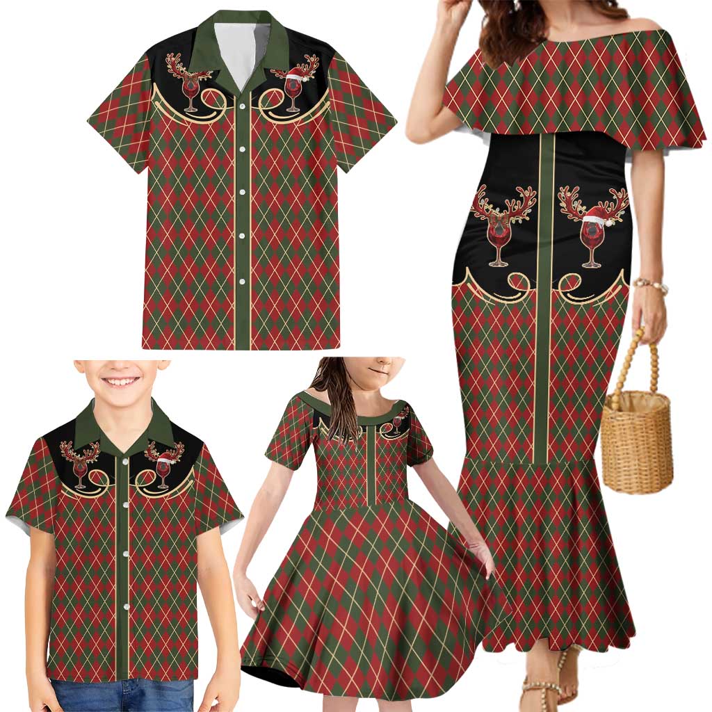 Western Yoke Family Matching Mermaid Dress and Hawaiian Shirt Wine Deer Christmas Argyle Patterns - Wonder Print Shop