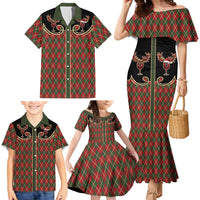 Western Yoke Family Matching Mermaid Dress and Hawaiian Shirt Wine Deer Christmas Argyle Patterns - Wonder Print Shop
