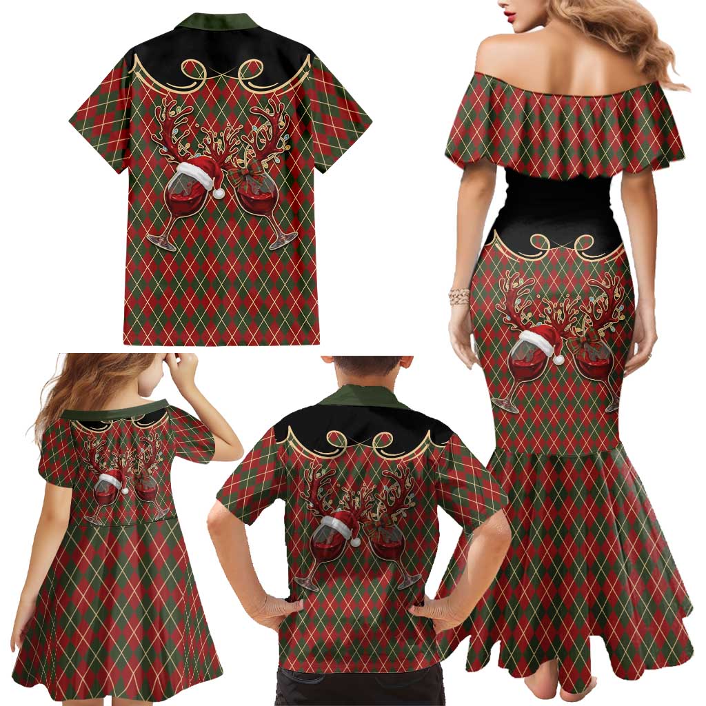 Western Yoke Family Matching Mermaid Dress and Hawaiian Shirt Wine Deer Christmas Argyle Patterns - Wonder Print Shop