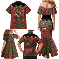 Western Yoke Family Matching Mermaid Dress and Hawaiian Shirt Wine Deer Christmas Argyle Patterns - Wonder Print Shop