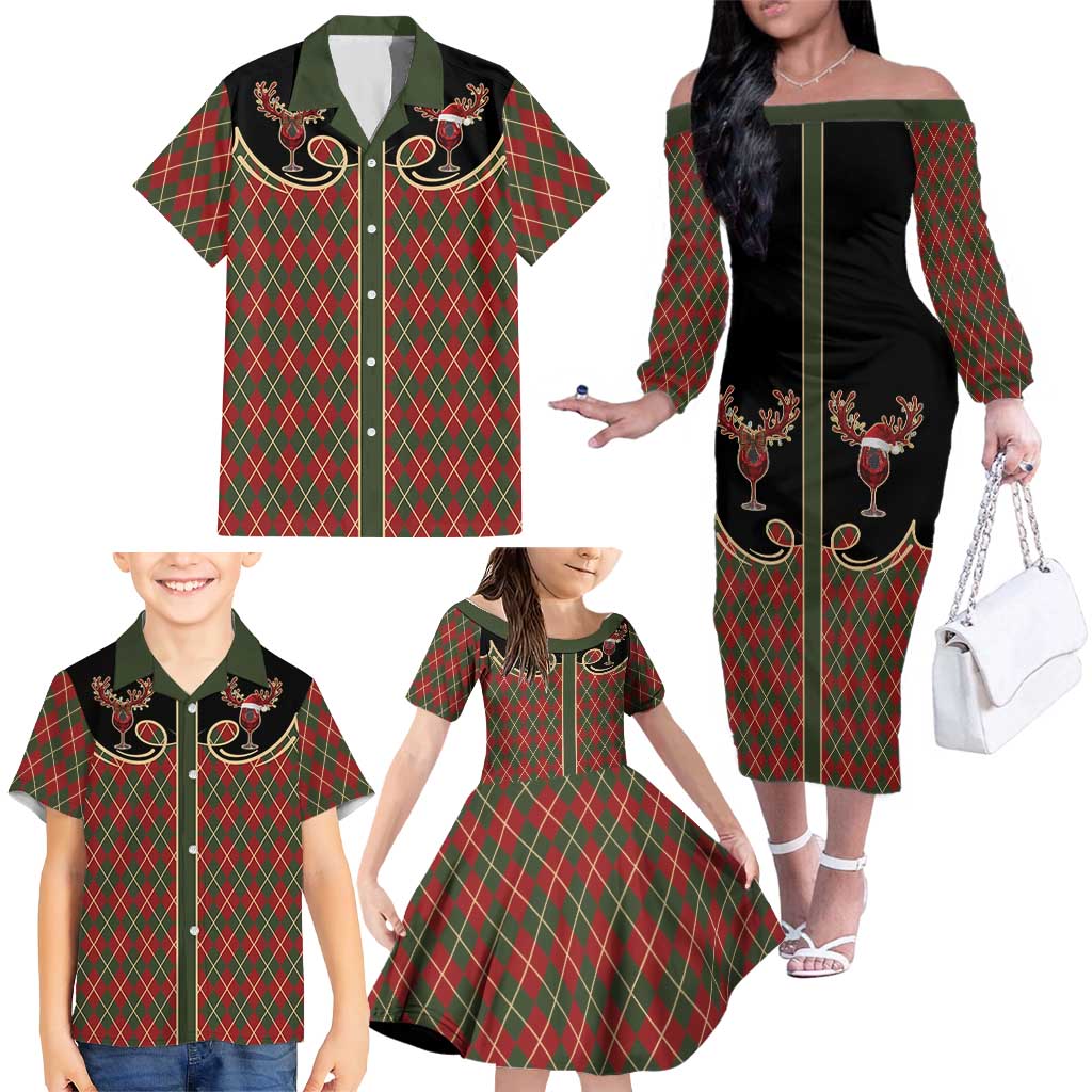 Western Yoke Family Matching Off The Shoulder Long Sleeve Dress and Hawaiian Shirt Wine Deer Christmas Argyle Patterns - Wonder Print Shop