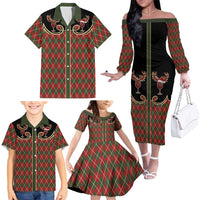 Western Yoke Family Matching Off The Shoulder Long Sleeve Dress and Hawaiian Shirt Wine Deer Christmas Argyle Patterns - Wonder Print Shop