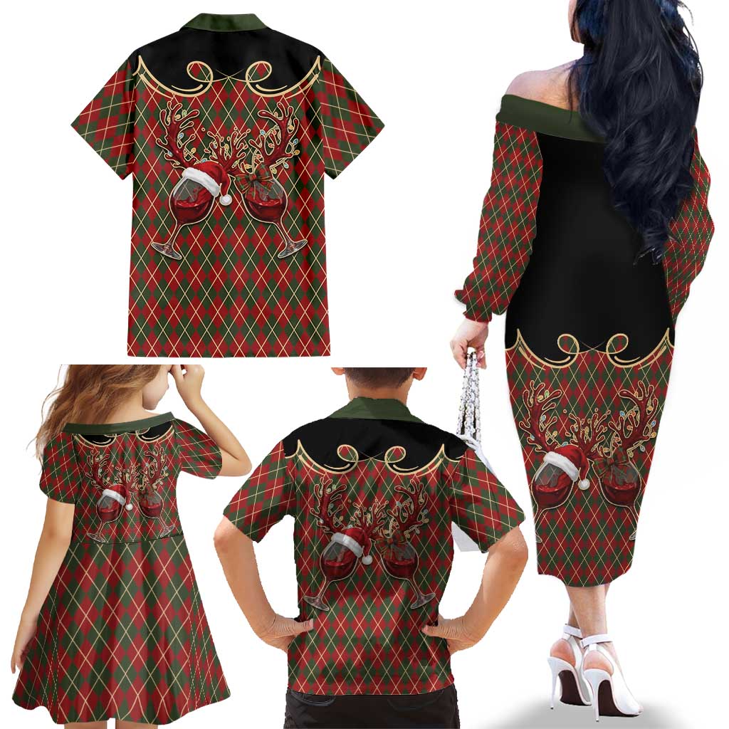 Western Yoke Family Matching Off The Shoulder Long Sleeve Dress and Hawaiian Shirt Wine Deer Christmas Argyle Patterns - Wonder Print Shop