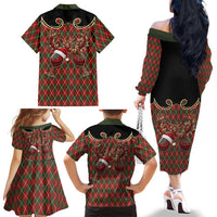 Western Yoke Family Matching Off The Shoulder Long Sleeve Dress and Hawaiian Shirt Wine Deer Christmas Argyle Patterns - Wonder Print Shop