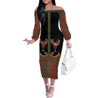 Western Yoke Family Matching Off The Shoulder Long Sleeve Dress and Hawaiian Shirt Wine Deer Christmas Argyle Patterns - Wonder Print Shop