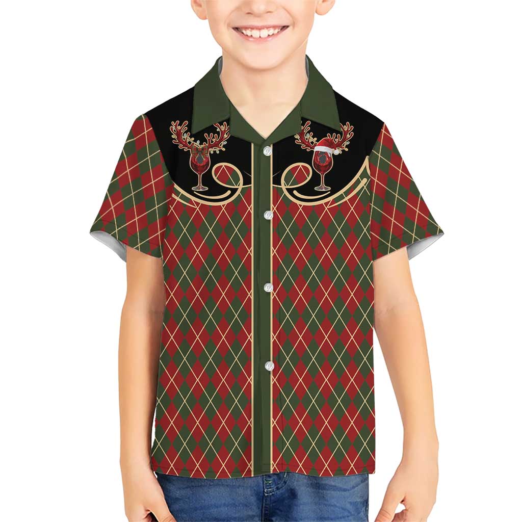 Western Yoke Family Matching Off The Shoulder Long Sleeve Dress and Hawaiian Shirt Wine Deer Christmas Argyle Patterns - Wonder Print Shop
