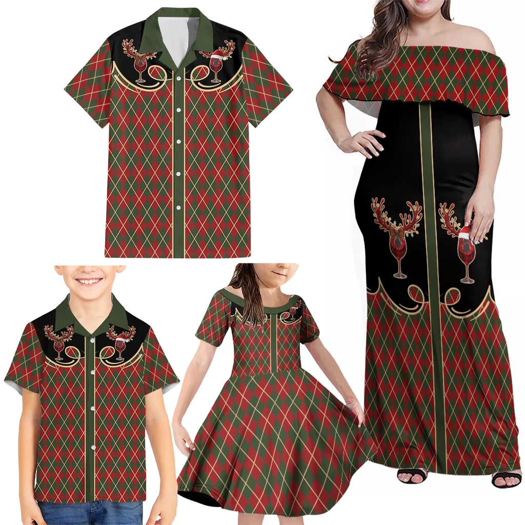 Western Yoke Family Matching Off Shoulder Maxi Dress and Hawaiian Shirt Wine Deer Christmas Argyle Patterns - Wonder Print Shop