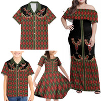 Western Yoke Family Matching Off Shoulder Maxi Dress and Hawaiian Shirt Wine Deer Christmas Argyle Patterns - Wonder Print Shop