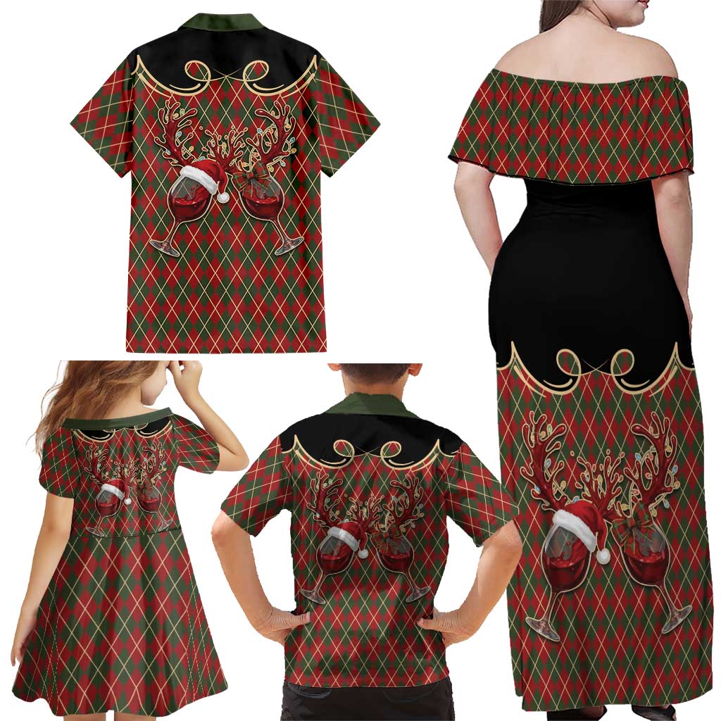 Western Yoke Family Matching Off Shoulder Maxi Dress and Hawaiian Shirt Wine Deer Christmas Argyle Patterns - Wonder Print Shop