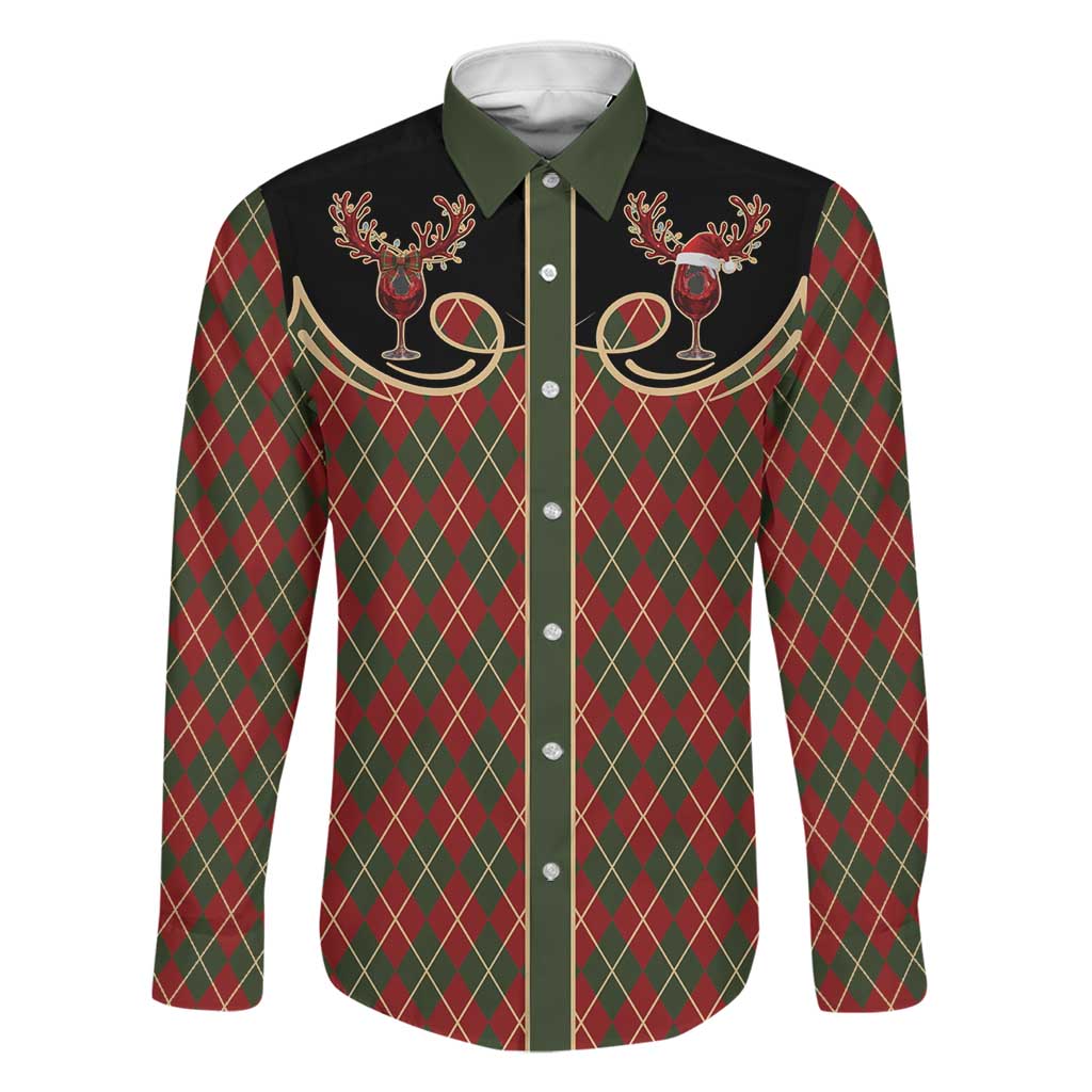 Western Yoke Family Matching Off Shoulder Maxi Dress and Hawaiian Shirt Wine Deer Christmas Argyle Patterns - Wonder Print Shop