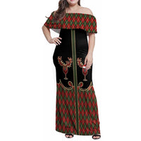Western Yoke Family Matching Off Shoulder Maxi Dress and Hawaiian Shirt Wine Deer Christmas Argyle Patterns - Wonder Print Shop