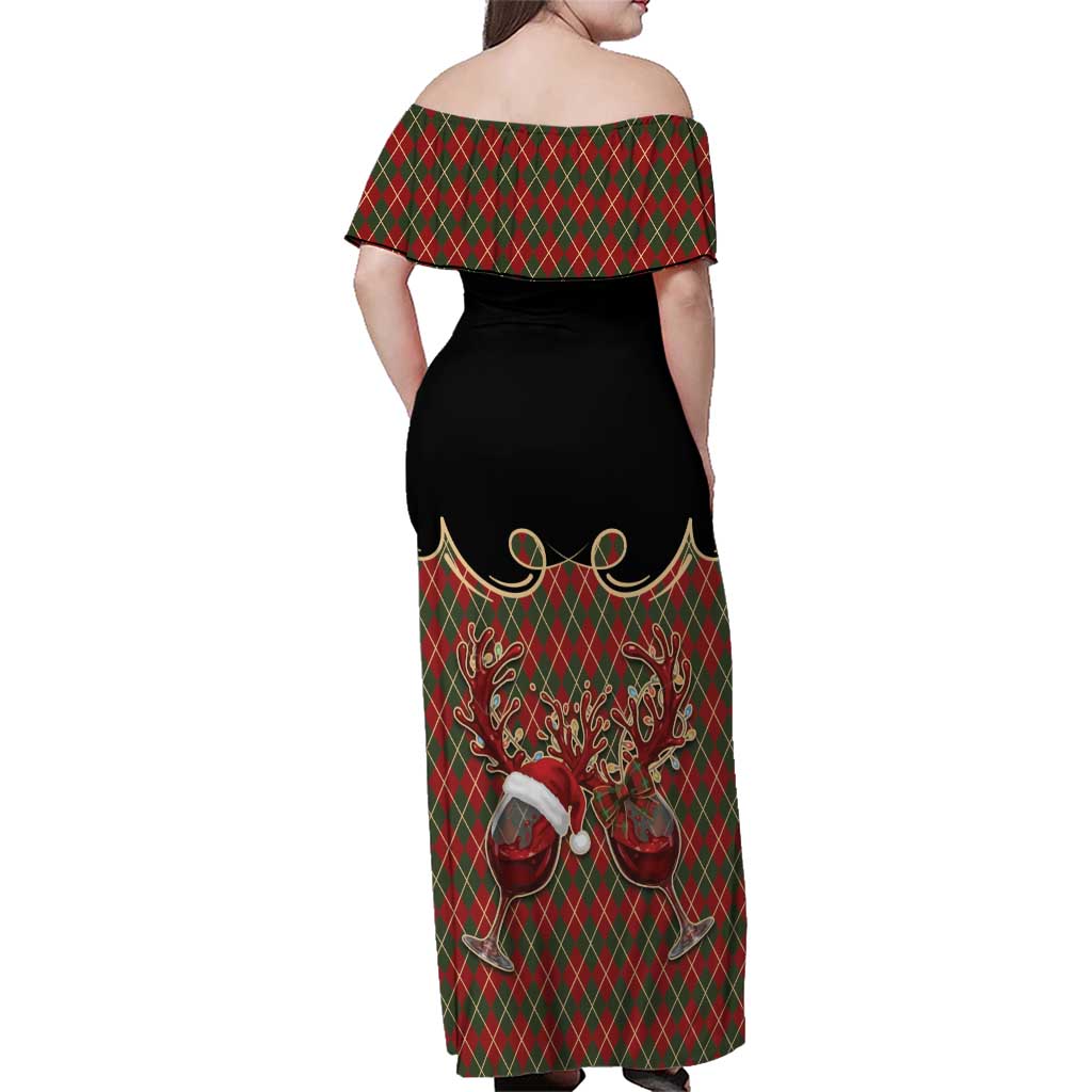 Western Yoke Family Matching Off Shoulder Maxi Dress and Hawaiian Shirt Wine Deer Christmas Argyle Patterns - Wonder Print Shop