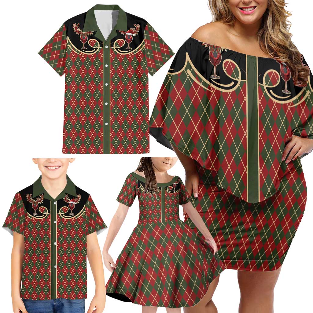 Western Yoke Family Matching Off Shoulder Short Dress and Hawaiian Shirt Wine Deer Christmas Argyle Patterns - Wonder Print Shop