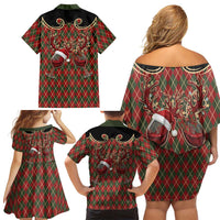 Western Yoke Family Matching Off Shoulder Short Dress and Hawaiian Shirt Wine Deer Christmas Argyle Patterns - Wonder Print Shop