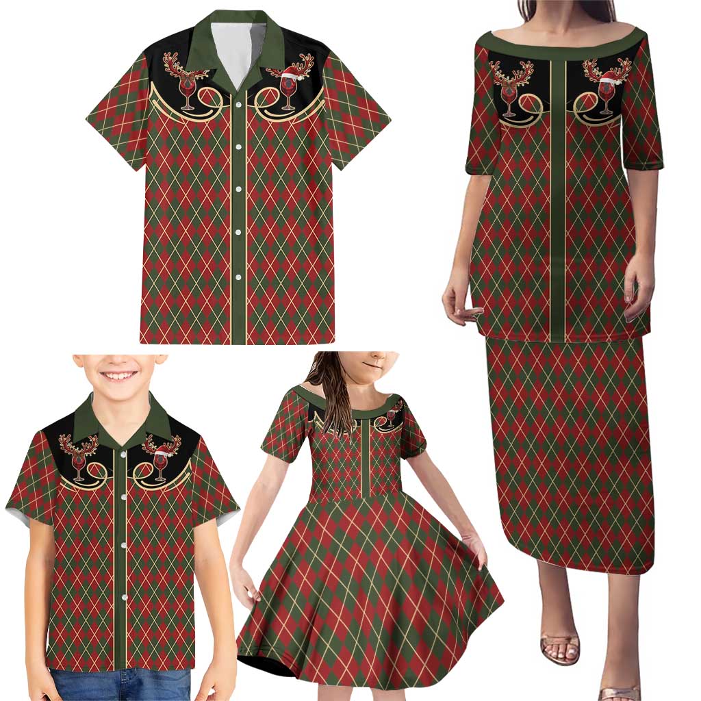 Western Yoke Family Matching Puletasi and Hawaiian Shirt Wine Deer Christmas Argyle Patterns - Wonder Print Shop