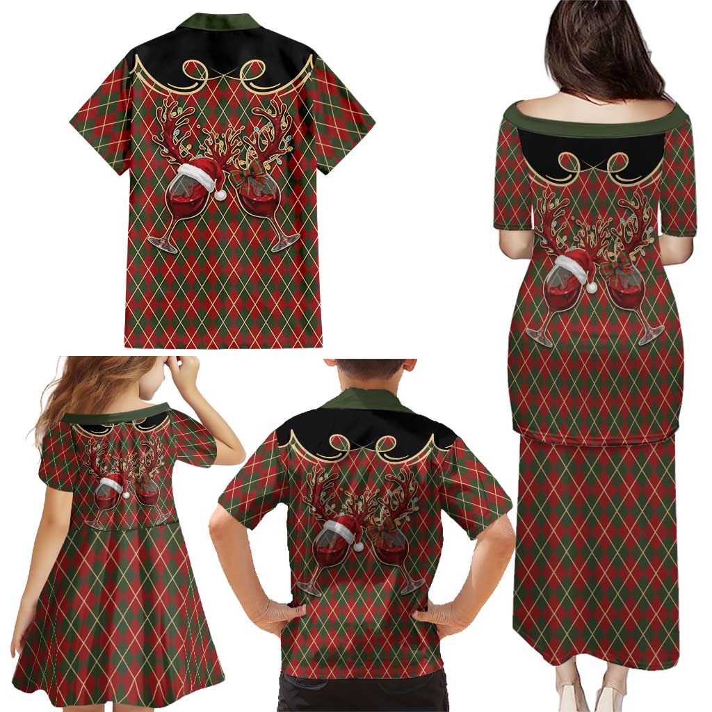 Western Yoke Family Matching Puletasi and Hawaiian Shirt Wine Deer Christmas Argyle Patterns - Wonder Print Shop