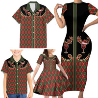 Western Yoke Family Matching Short Sleeve Bodycon Dress and Hawaiian Shirt Wine Deer Christmas Argyle Patterns - Wonder Print Shop