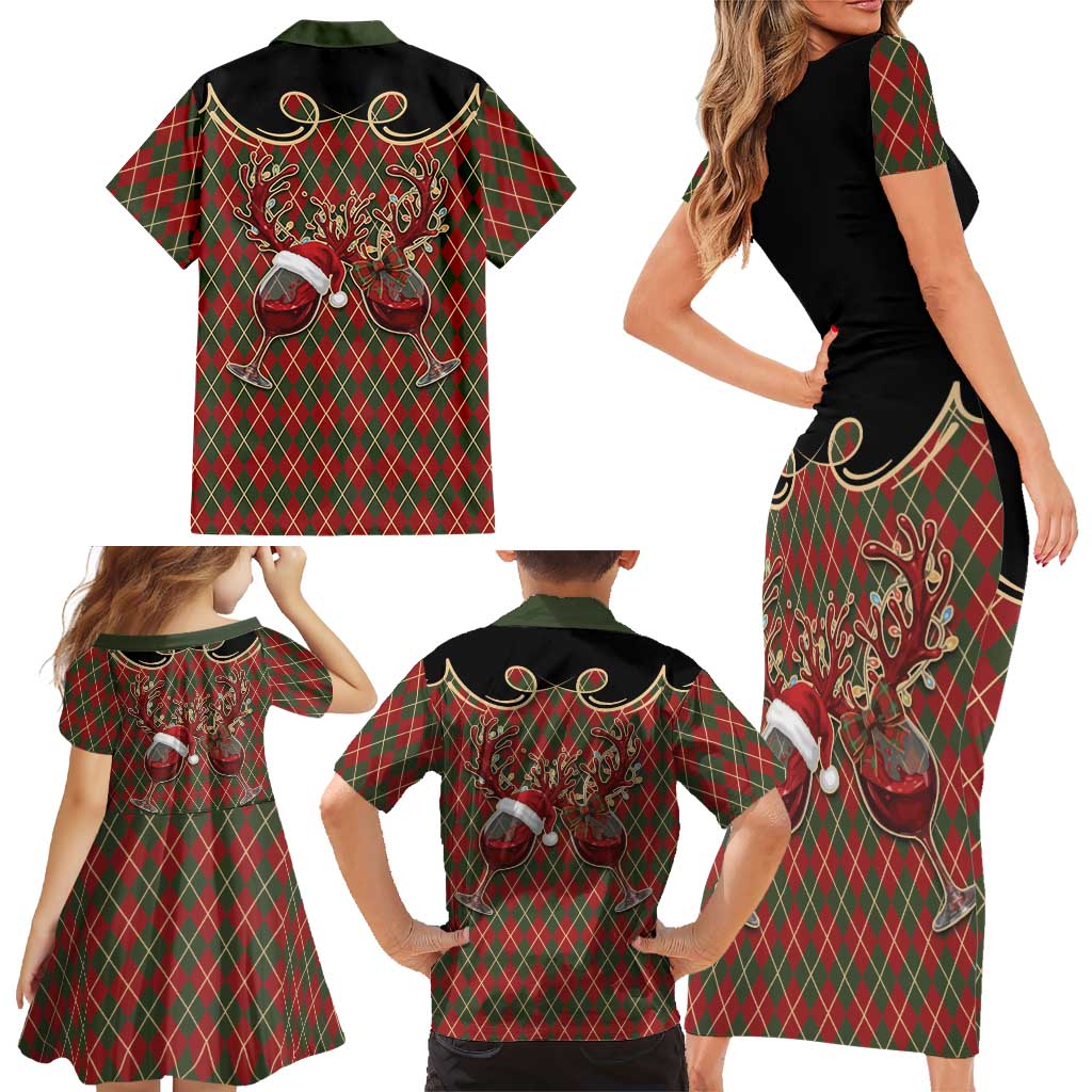 Western Yoke Family Matching Short Sleeve Bodycon Dress and Hawaiian Shirt Wine Deer Christmas Argyle Patterns - Wonder Print Shop