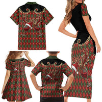 Western Yoke Family Matching Short Sleeve Bodycon Dress and Hawaiian Shirt Wine Deer Christmas Argyle Patterns - Wonder Print Shop