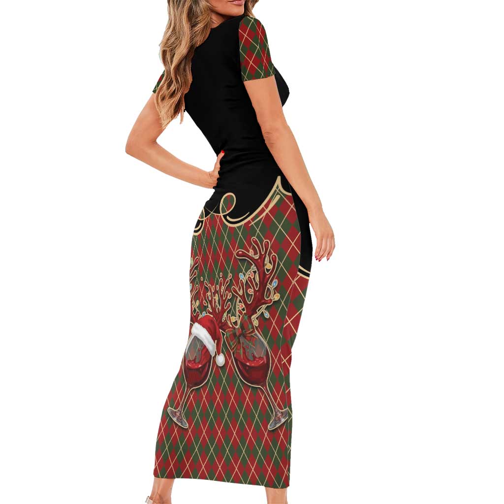 Western Yoke Family Matching Short Sleeve Bodycon Dress and Hawaiian Shirt Wine Deer Christmas Argyle Patterns - Wonder Print Shop