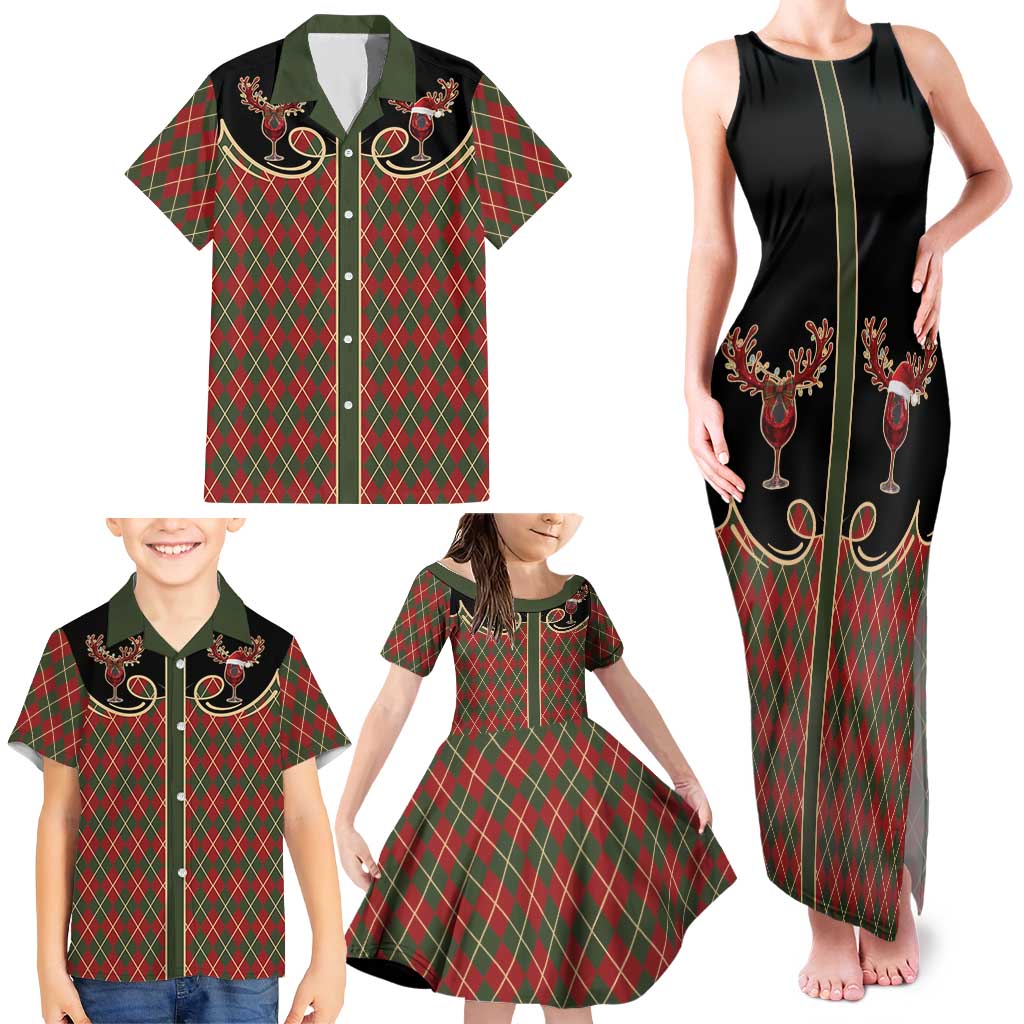 Western Yoke Family Matching Tank Maxi Dress and Hawaiian Shirt Wine Deer Christmas Argyle Patterns - Wonder Print Shop