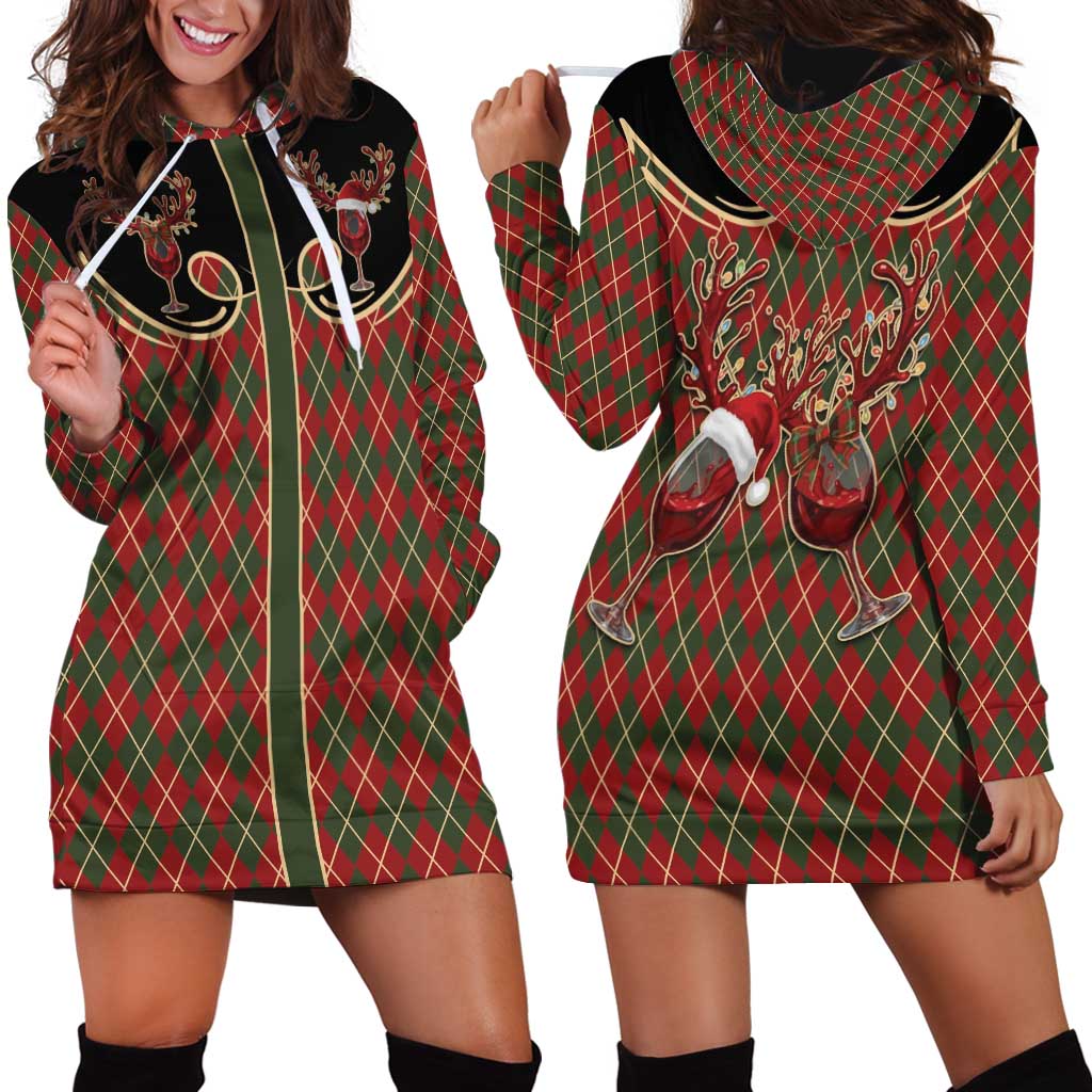 Western Yoke Hoodie Dress Wine Deer Christmas Argyle Patterns - Wonder Print Shop