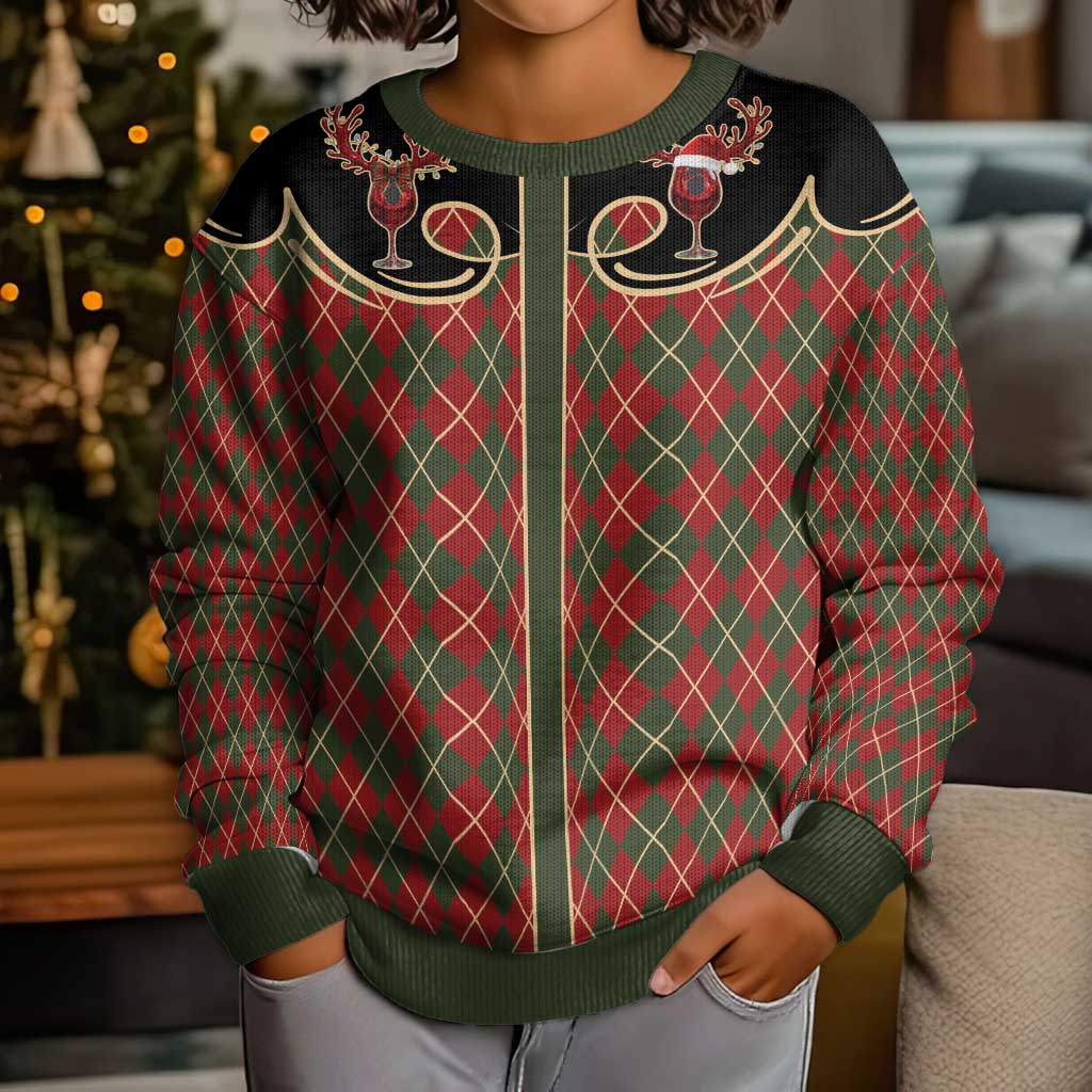 Western Yoke Kid Ugly Christmas Sweater Wine Deer Christmas Argyle Patterns - Wonder Print Shop