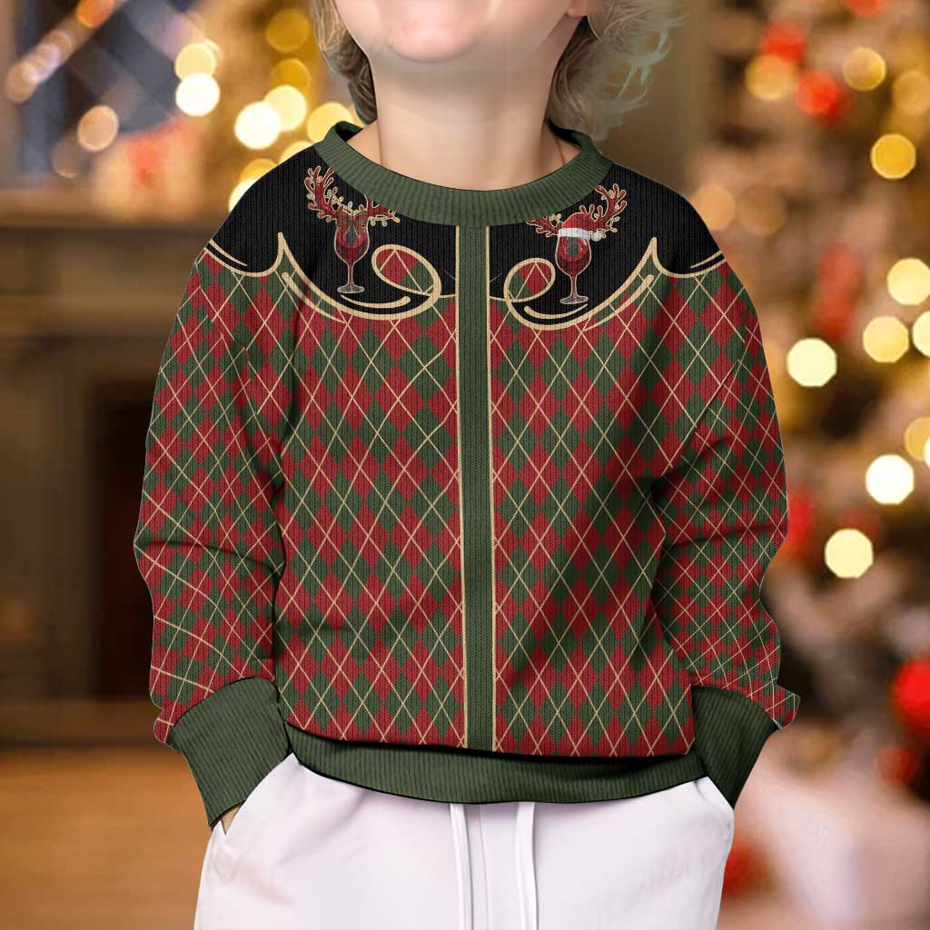 Western Yoke Kid Ugly Christmas Sweater Wine Deer Christmas Argyle Patterns - Wonder Print Shop