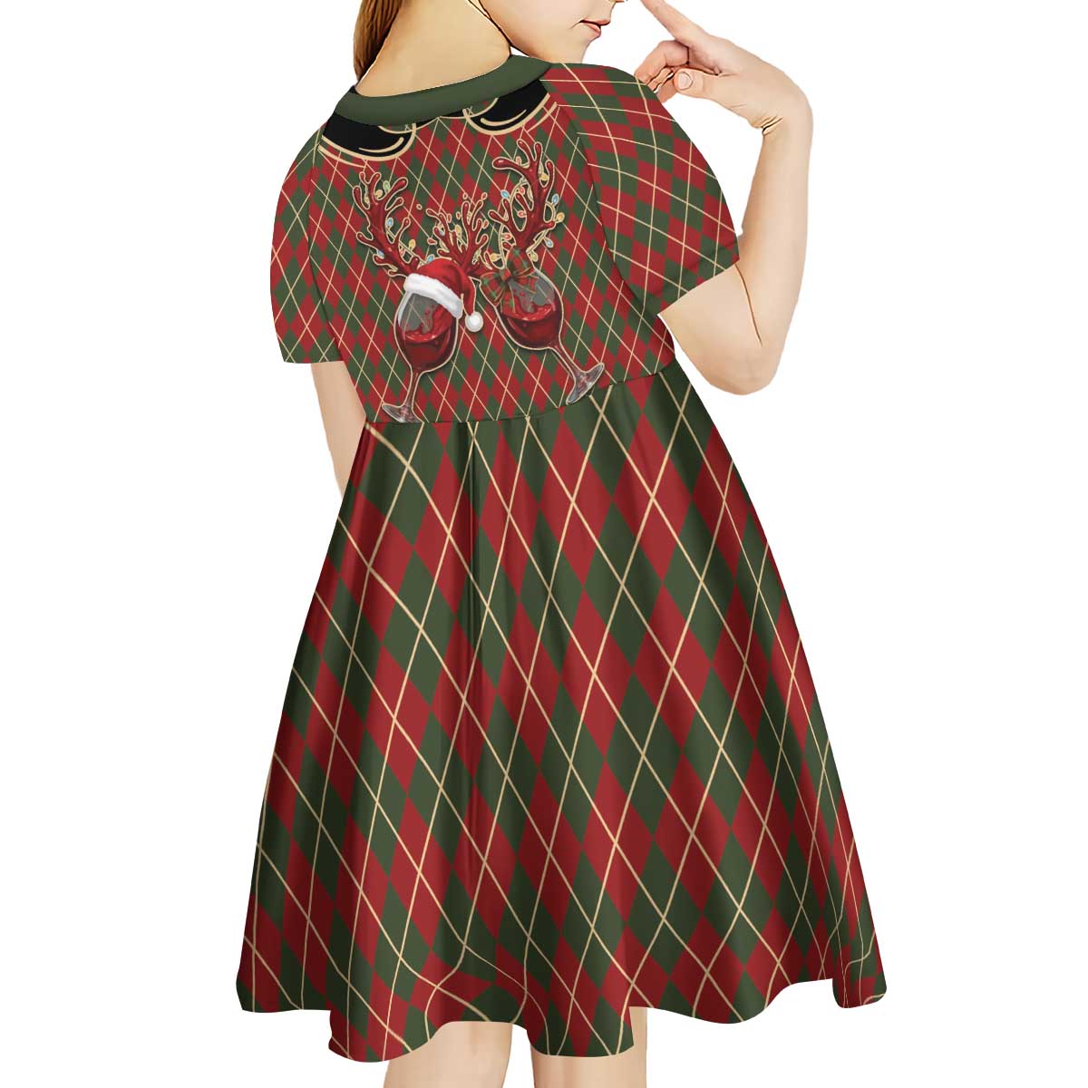 Western Yoke Kid Short Sleeve Dress Wine Deer Christmas Argyle Patterns - Wonder Print Shop