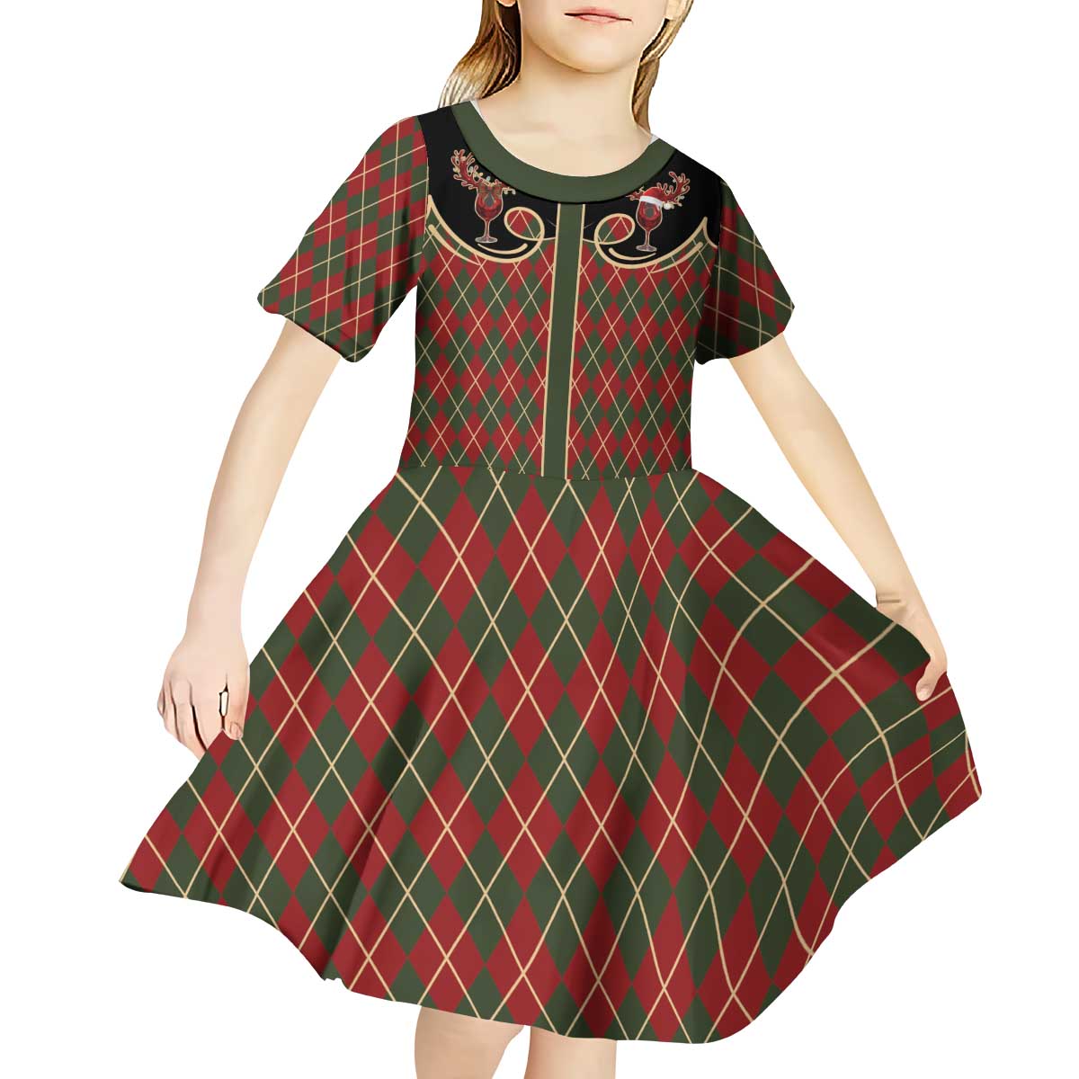 Western Yoke Kid Short Sleeve Dress Wine Deer Christmas Argyle Patterns - Wonder Print Shop