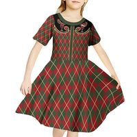 Western Yoke Kid Short Sleeve Dress Wine Deer Christmas Argyle Patterns - Wonder Print Shop